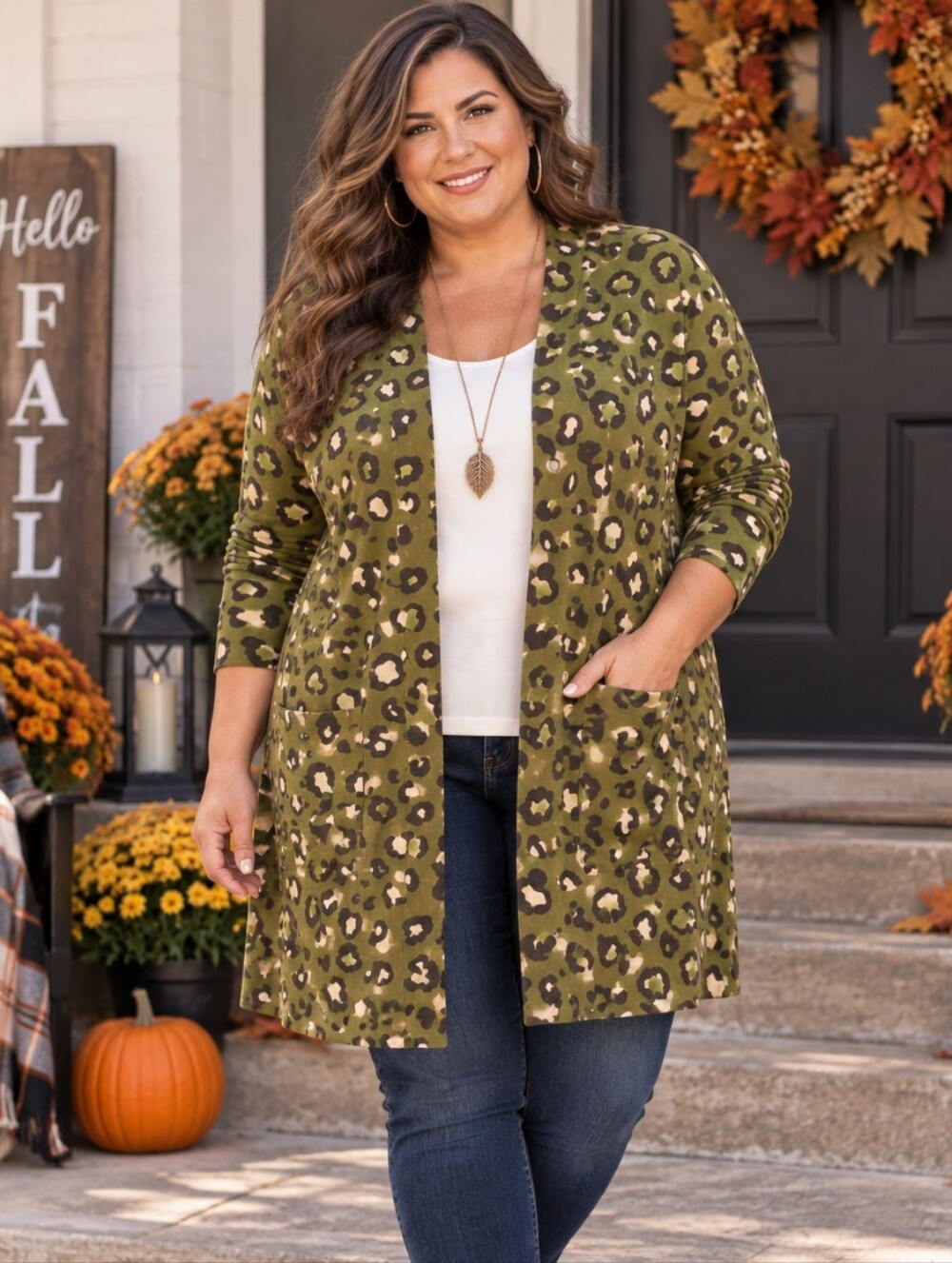Reborn J. The Plus 3XL Olive Leopard Longline Cardigan NWOT